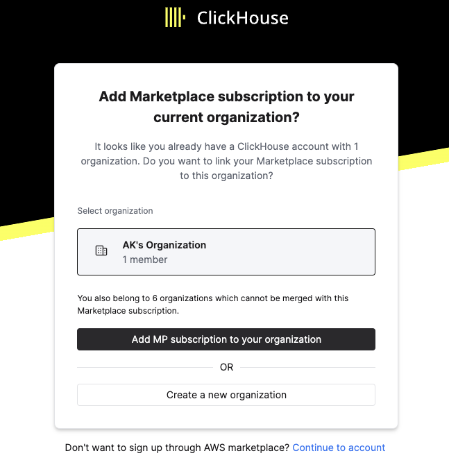 Интерфейс ClickHouse Cloud, показывающий, как добавить подписку из маркетплейса к суще�ствующей организации