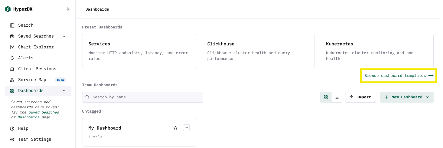 Кнопка Browse Dashboard Templates