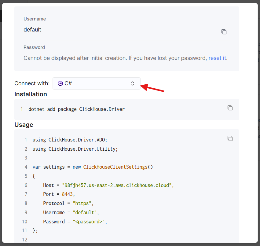 Параметры подключения ClickHouse Cloud для C#