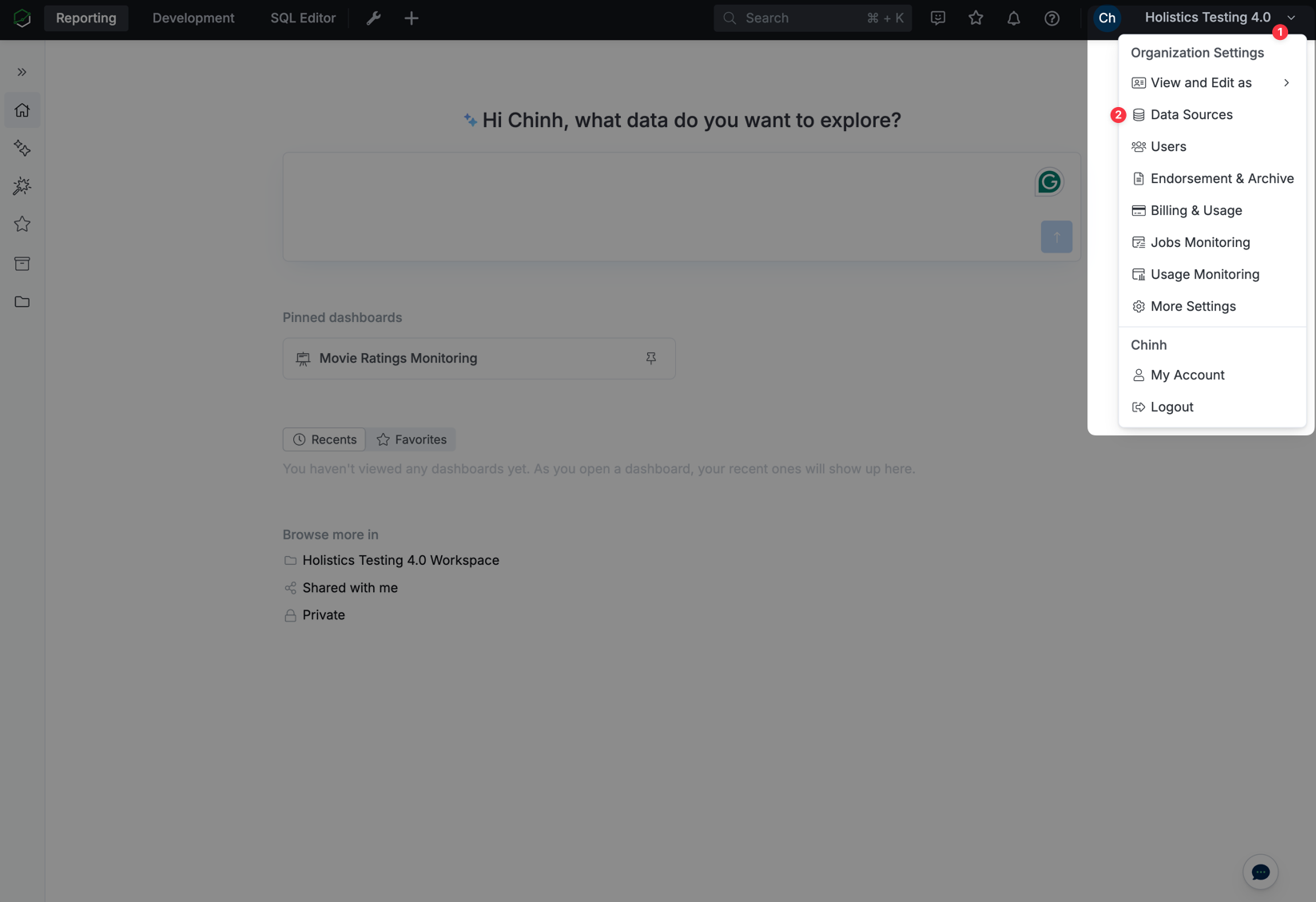 Переход к Data Sources в настройках Holistics