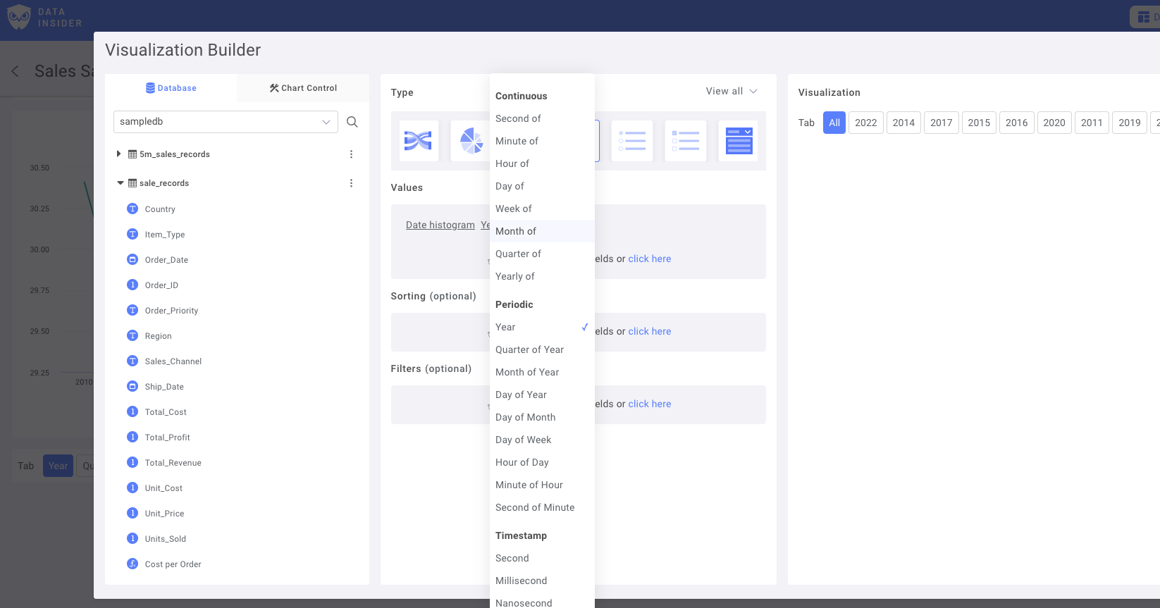 Настройка диапазона дат с различными вариантами периодов времени, такими как год, месяц и день