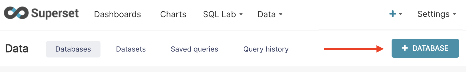 Интерфейс Superset с меню Database и выде�ленной кнопкой + Database